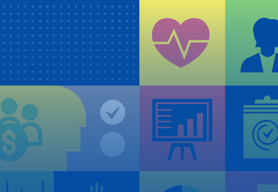 Grid of healthcare icons including heartbeat monitor, patient profile, medical team, bar chart, and stethoscope in blue and green tones
